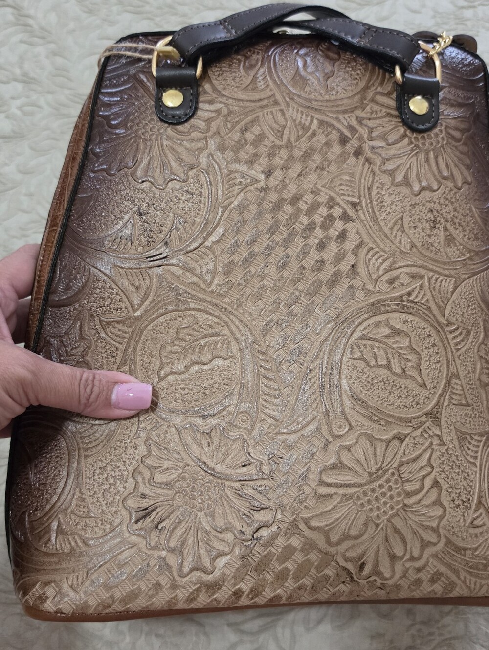 Hand-Tooled Floral Leather Tote Bag / Backpack in Cream /Brown